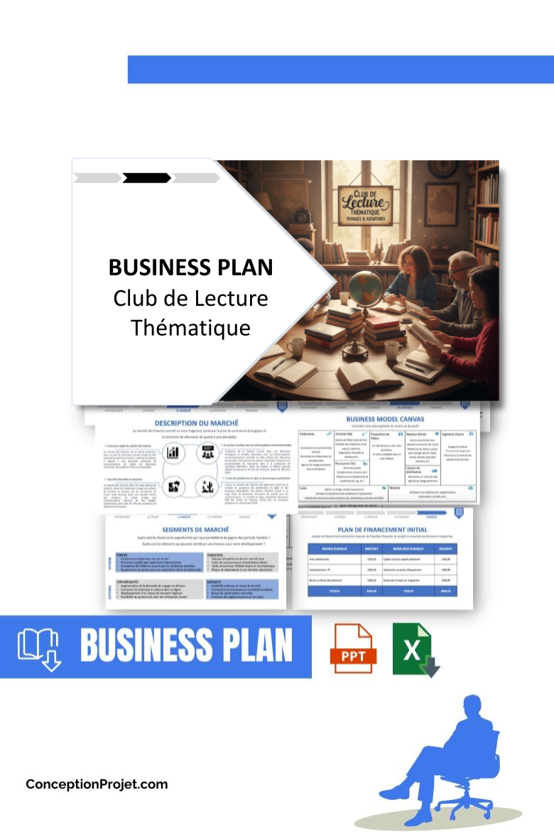 Pack Business Plan pour Club de Lecture Thématique - Modèle de business plan professionnel pour Club de Lecture Thématique, spécialement conçu pour les entrepreneurs, incluant un prévisionnel financier 100% automatisé, une stratégie marketing intégrée, ainsi qu’une analyse complète (SWOT, Business Model Canvas, étude de marché et analyse des risques). Ce document au design moderne et entièrement personnalisable sous Word est structuré pour répondre aux exigences des banques et des investisseurs, tout en permettant un gain de temps considérable grâce à son contenu pré-rédigé.