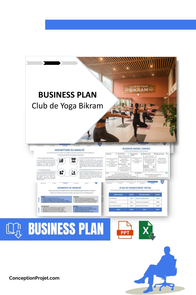 Pack Business Plan pour Club de Yoga Bikram - Modèle de business plan professionnel pour Club de Yoga Bikram, spécialement conçu pour les entrepreneurs, incluant un prévisionnel financier 100% automatisé, une stratégie marketing intégrée, ainsi qu’une analyse complète (SWOT, Business Model Canvas, étude de marché et analyse des risques). Ce document au design moderne et entièrement personnalisable sous Word est structuré pour répondre aux exigences des banques et des investisseurs, tout en permettant un gain de temps considérable grâce à son contenu pré-rédigé.