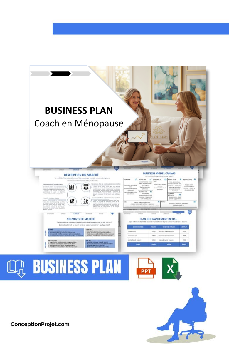 Pack Business Plan pour Coach en Ménopause - Modèle de business plan professionnel pour Coach en Ménopause, spécialement conçu pour les entrepreneurs, incluant un prévisionnel financier 100% automatisé, une stratégie marketing intégrée, ainsi qu’une analyse complète (SWOT, Business Model Canvas, étude de marché et analyse des risques). Ce document au design moderne et entièrement personnalisable sous Word est structuré pour répondre aux exigences des banques et des investisseurs, tout en permettant un gain de temps considérable grâce à son contenu pré-rédigé.