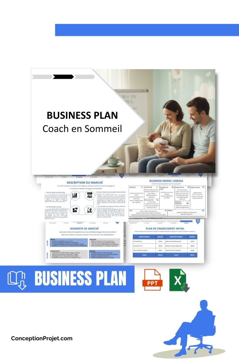 Pack Business Plan pour Coach en Sommeil - Modèle de business plan professionnel pour Coach en Sommeil, spécialement conçu pour les entrepreneurs, incluant un prévisionnel financier 100% automatisé, une stratégie marketing intégrée, ainsi qu’une analyse complète (SWOT, Business Model Canvas, étude de marché et analyse des risques). Ce document au design moderne et entièrement personnalisable sous Word est structuré pour répondre aux exigences des banques et des investisseurs, tout en permettant un gain de temps considérable grâce à son contenu pré-rédigé.
