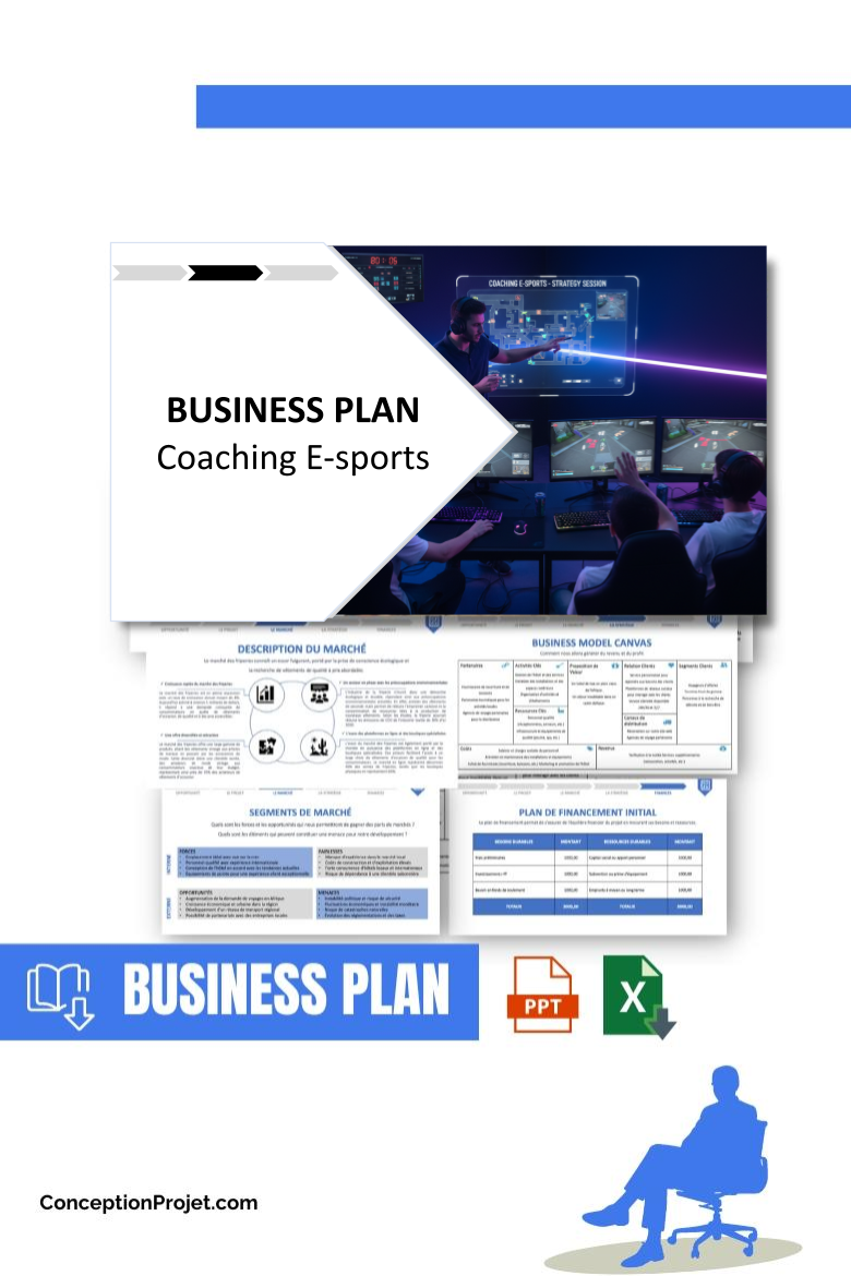 Pack Business Plan pour Coaching E-sports - Modèle de business plan professionnel pour Coaching E-sports, spécialement conçu pour les entrepreneurs, incluant un prévisionnel financier 100% automatisé, une stratégie marketing intégrée, ainsi qu’une analyse complète (SWOT, Business Model Canvas, étude de marché et analyse des risques). Ce document au design moderne et entièrement personnalisable sous Word est structuré pour répondre aux exigences des banques et des investisseurs, tout en permettant un gain de temps considérable grâce à son contenu pré-rédigé.