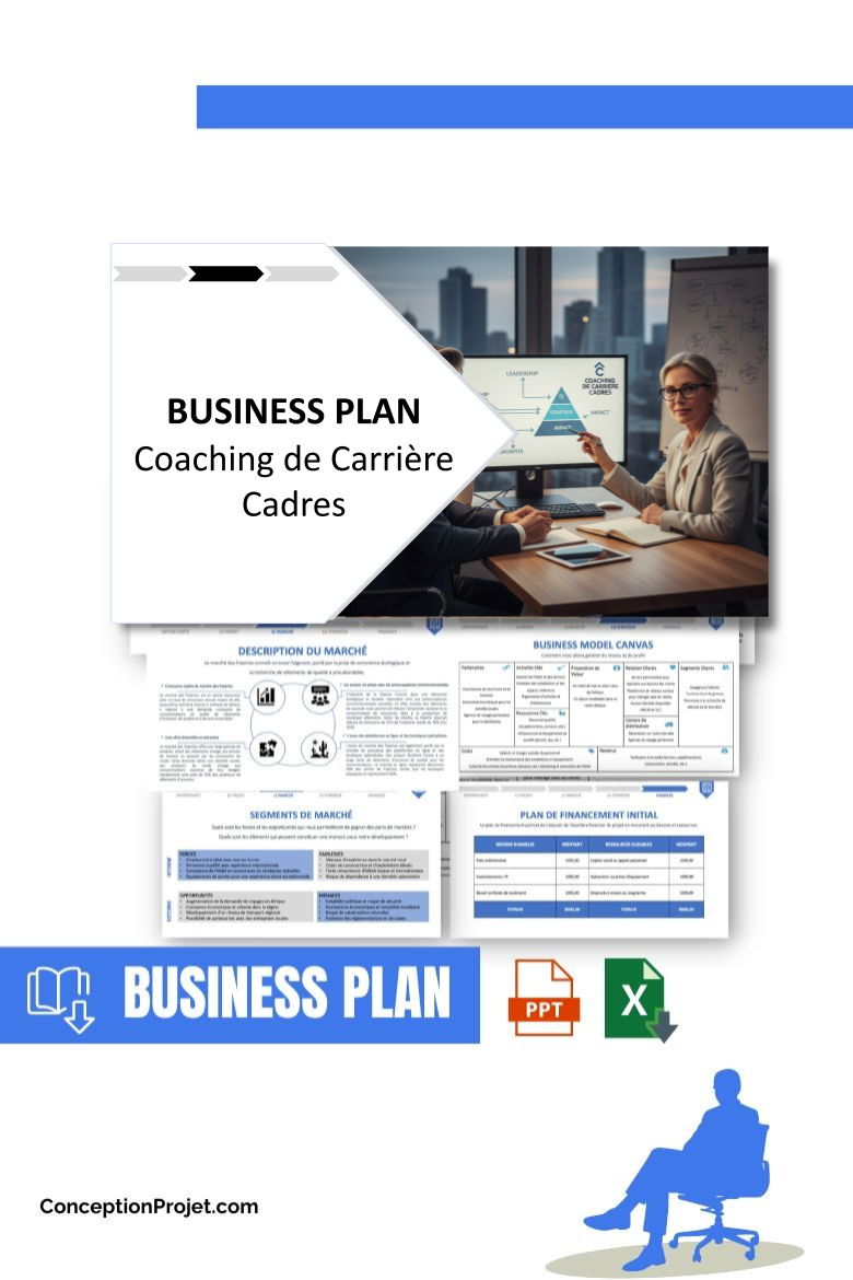 Pack Business Plan pour Coaching de Carrière Cadres - Modèle de business plan professionnel pour Coaching de Carrière Cadres, spécialement conçu pour les entrepreneurs, incluant un prévisionnel financier 100% automatisé, une stratégie marketing intégrée, ainsi qu’une analyse complète (SWOT, Business Model Canvas, étude de marché et analyse des risques). Ce document au design moderne et entièrement personnalisable sous Word est structuré pour répondre aux exigences des banques et des investisseurs, tout en permettant un gain de temps considérable grâce à son contenu pré-rédigé.