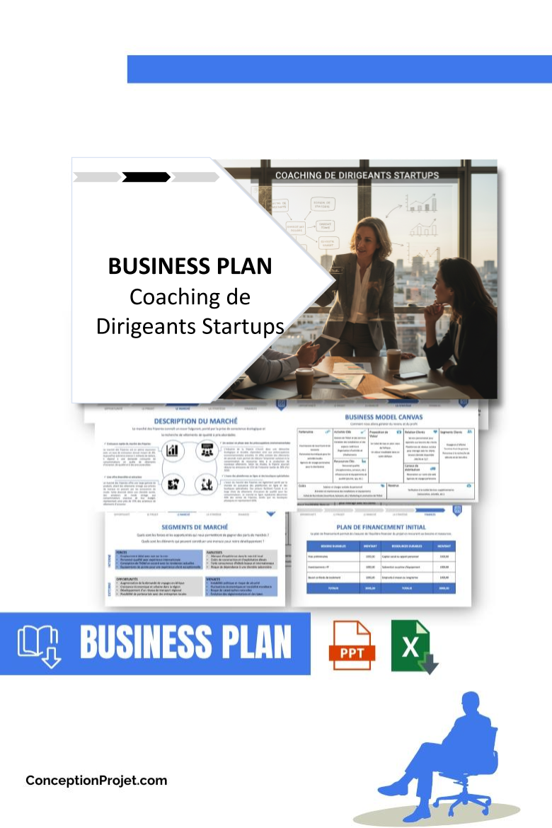 Pack Business Plan pour Coaching de Dirigeants Startups - Modèle de business plan professionnel pour Coaching de Dirigeants Startups, spécialement conçu pour les entrepreneurs, incluant un prévisionnel financier 100% automatisé, une stratégie marketing intégrée, ainsi qu’une analyse complète (SWOT, Business Model Canvas, étude de marché et analyse des risques). Ce document au design moderne et entièrement personnalisable sous Word est structuré pour répondre aux exigences des banques et des investisseurs, tout en permettant un gain de temps considérable grâce à son contenu pré-rédigé.