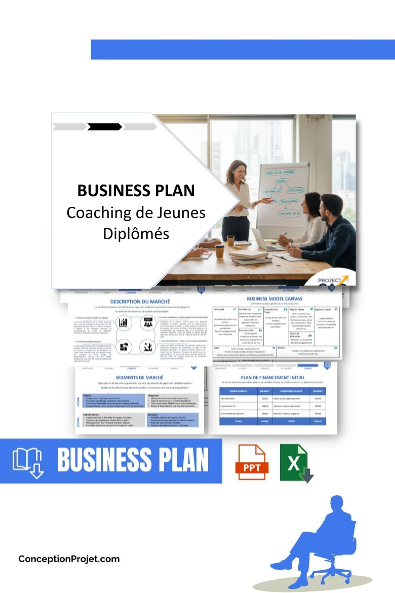 Pack Business Plan pour Coaching de Jeunes Diplômés - Modèle de business plan professionnel pour Coaching de Jeunes Diplômés, spécialement conçu pour les entrepreneurs, incluant un prévisionnel financier 100% automatisé, une stratégie marketing intégrée, ainsi qu’une analyse complète (SWOT, Business Model Canvas, étude de marché et analyse des risques). Ce document au design moderne et entièrement personnalisable sous Word est structuré pour répondre aux exigences des banques et des investisseurs, tout en permettant un gain de temps considérable grâce à son contenu pré-rédigé.