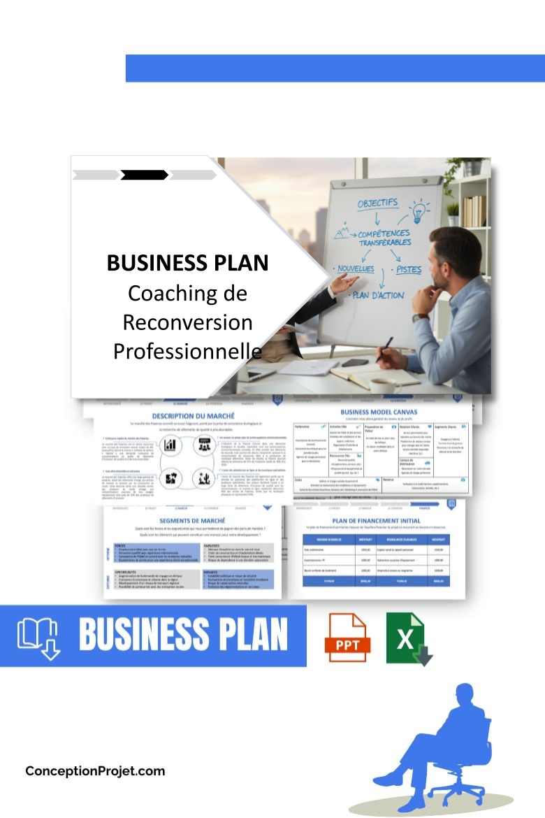 Pack Business Plan pour Coaching de Reconversion Professionnelle - Modèle de business plan professionnel pour Coaching de Reconversion Professionnelle, spécialement conçu pour les entrepreneurs, incluant un prévisionnel financier 100% automatisé, une stratégie marketing intégrée, ainsi qu’une analyse complète (SWOT, Business Model Canvas, étude de marché et analyse des risques). Ce document au design moderne et entièrement personnalisable sous Word est structuré pour répondre aux exigences des banques et des investisseurs, tout en permettant un gain de temps considérable grâce à son contenu pré-rédigé.