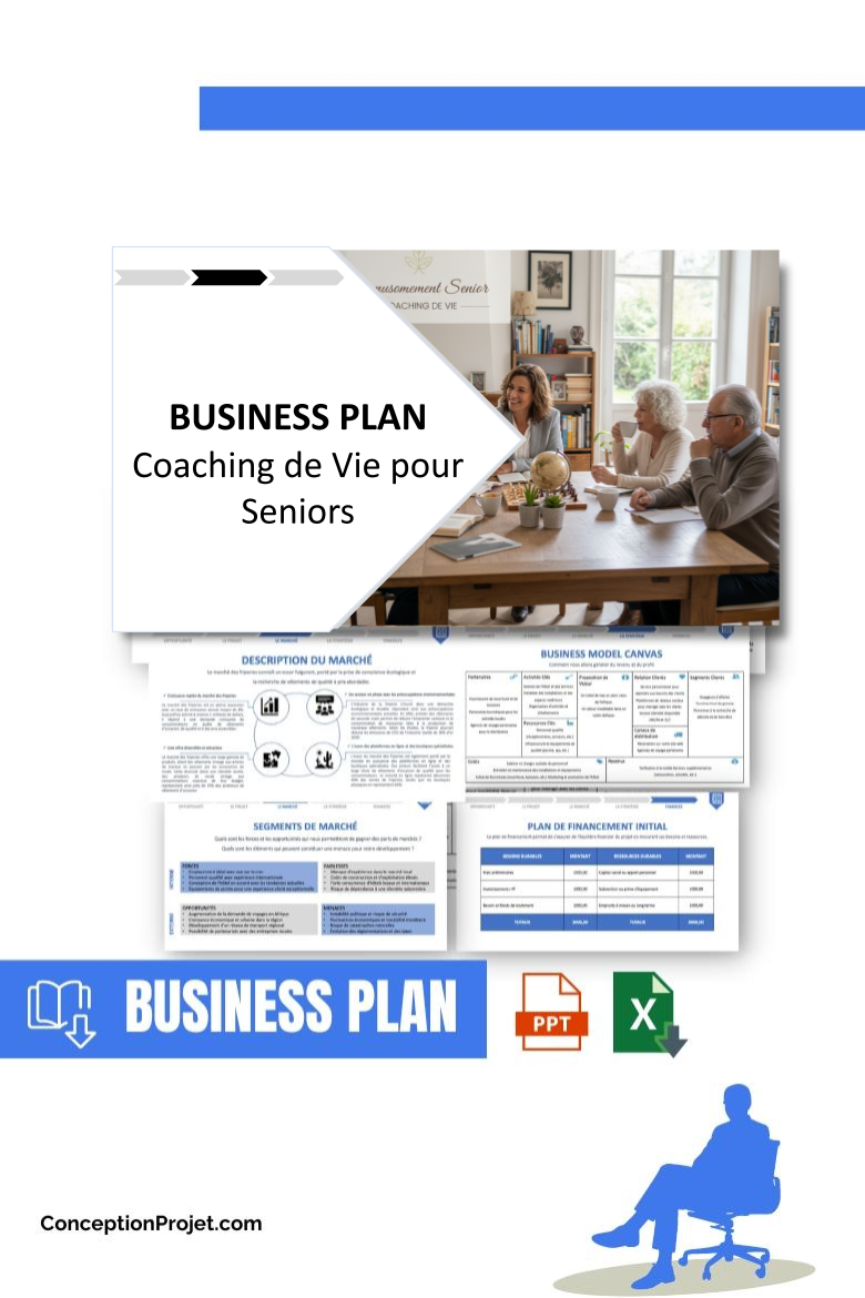 Pack Business Plan pour Coaching de Vie pour Seniors - Modèle de business plan professionnel pour Coaching de Vie pour Seniors, spécialement conçu pour les entrepreneurs, incluant un prévisionnel financier 100% automatisé, une stratégie marketing intégrée, ainsi qu’une analyse complète (SWOT, Business Model Canvas, étude de marché et analyse des risques). Ce document au design moderne et entièrement personnalisable sous Word est structuré pour répondre aux exigences des banques et des investisseurs, tout en permettant un gain de temps considérable grâce à son contenu pré-rédigé.