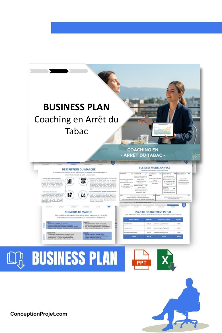 Pack Business Plan pour Coaching en Arrêt du Tabac - Modèle de business plan professionnel pour Coaching en Arrêt du Tabac, spécialement conçu pour les entrepreneurs, incluant un prévisionnel financier 100% automatisé, une stratégie marketing intégrée, ainsi qu’une analyse complète (SWOT, Business Model Canvas, étude de marché et analyse des risques). Ce document au design moderne et entièrement personnalisable sous Word est structuré pour répondre aux exigences des banques et des investisseurs, tout en permettant un gain de temps considérable grâce à son contenu pré-rédigé.