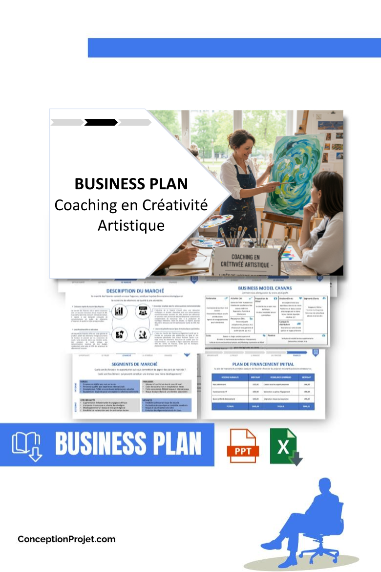 Pack Business Plan pour Coaching en Créativité Artistique - Modèle de business plan professionnel pour Coaching en Créativité Artistique, spécialement conçu pour les entrepreneurs, incluant un prévisionnel financier 100% automatisé, une stratégie marketing intégrée, ainsi qu’une analyse complète (SWOT, Business Model Canvas, étude de marché et analyse des risques). Ce document au design moderne et entièrement personnalisable sous Word est structuré pour répondre aux exigences des banques et des investisseurs, tout en permettant un gain de temps considérable grâce à son contenu pré-rédigé.