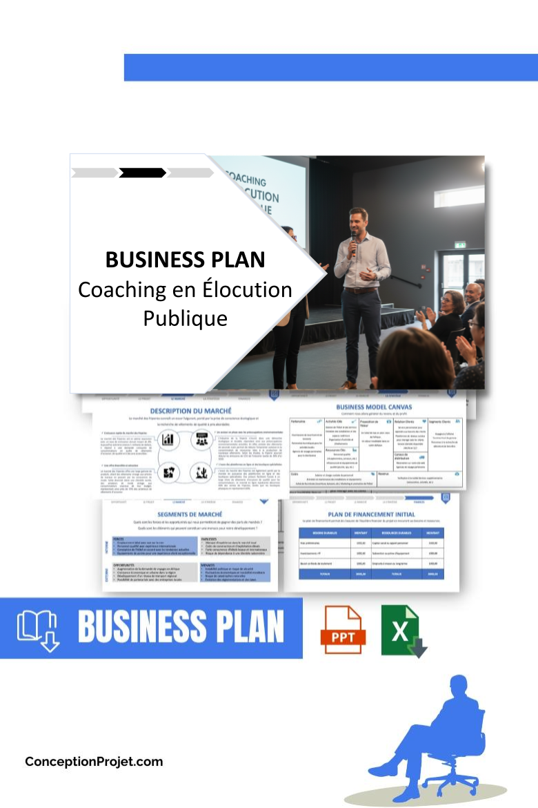 Pack Business Plan pour Coaching en Élocution Publique - Modèle de business plan professionnel pour Coaching en Élocution Publique, spécialement conçu pour les entrepreneurs, incluant un prévisionnel financier 100% automatisé, une stratégie marketing intégrée, ainsi qu’une analyse complète (SWOT, Business Model Canvas, étude de marché et analyse des risques). Ce document au design moderne et entièrement personnalisable sous Word est structuré pour répondre aux exigences des banques et des investisseurs, tout en permettant un gain de temps considérable grâce à son contenu pré-rédigé.
