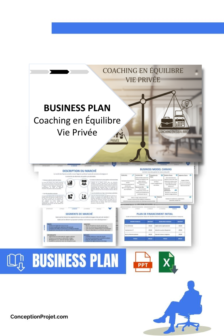 Pack Business Plan pour Coaching en Équilibre Vie Privée - Modèle de business plan professionnel pour Coaching en Équilibre Vie Privée, spécialement conçu pour les entrepreneurs, incluant un prévisionnel financier 100% automatisé, une stratégie marketing intégrée, ainsi qu’une analyse complète (SWOT, Business Model Canvas, étude de marché et analyse des risques). Ce document au design moderne et entièrement personnalisable sous Word est structuré pour répondre aux exigences des banques et des investisseurs, tout en permettant un gain de temps considérable grâce à son contenu pré-rédigé.