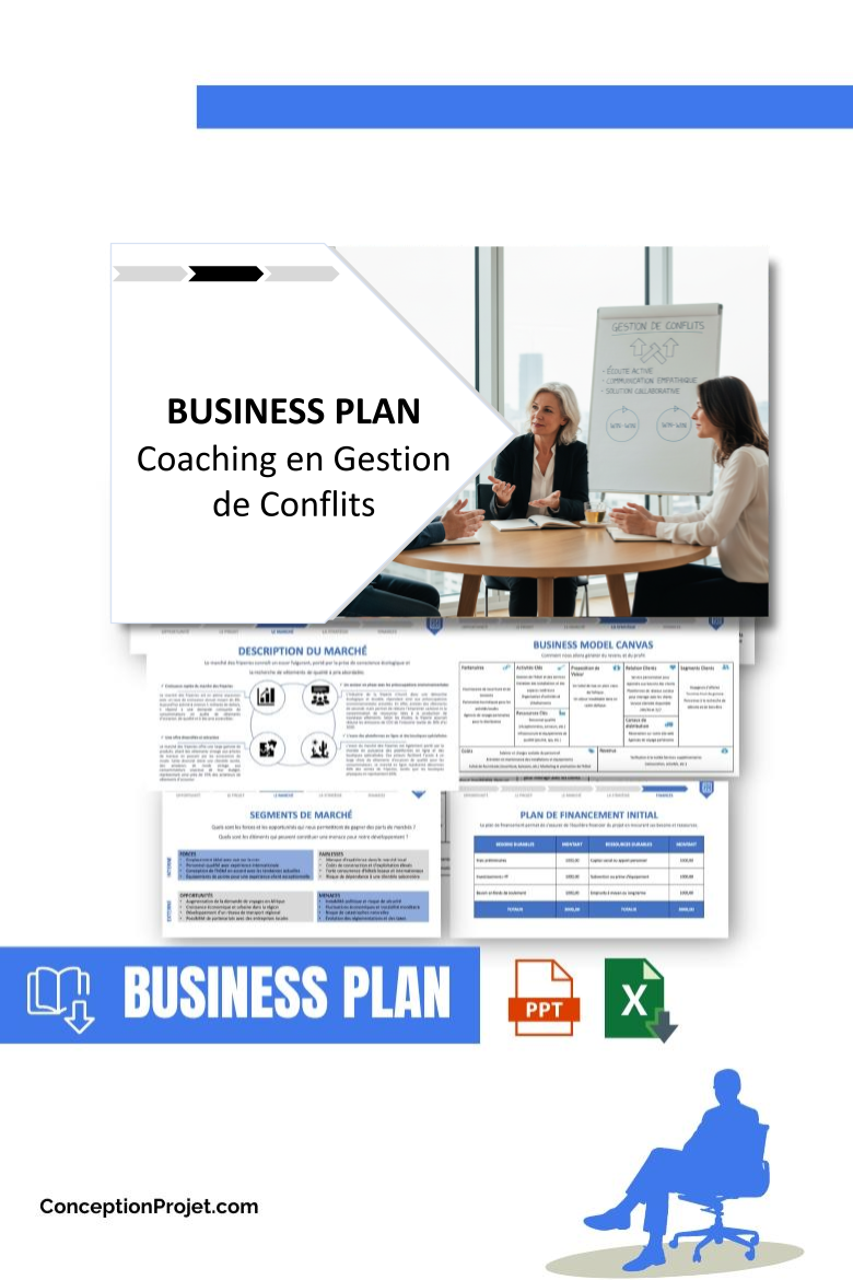 Pack Business Plan pour Coaching en Gestion de Conflits - Modèle de business plan professionnel pour Coaching en Gestion de Conflits, spécialement conçu pour les entrepreneurs, incluant un prévisionnel financier 100% automatisé, une stratégie marketing intégrée, ainsi qu’une analyse complète (SWOT, Business Model Canvas, étude de marché et analyse des risques). Ce document au design moderne et entièrement personnalisable sous Word est structuré pour répondre aux exigences des banques et des investisseurs, tout en permettant un gain de temps considérable grâce à son contenu pré-rédigé.