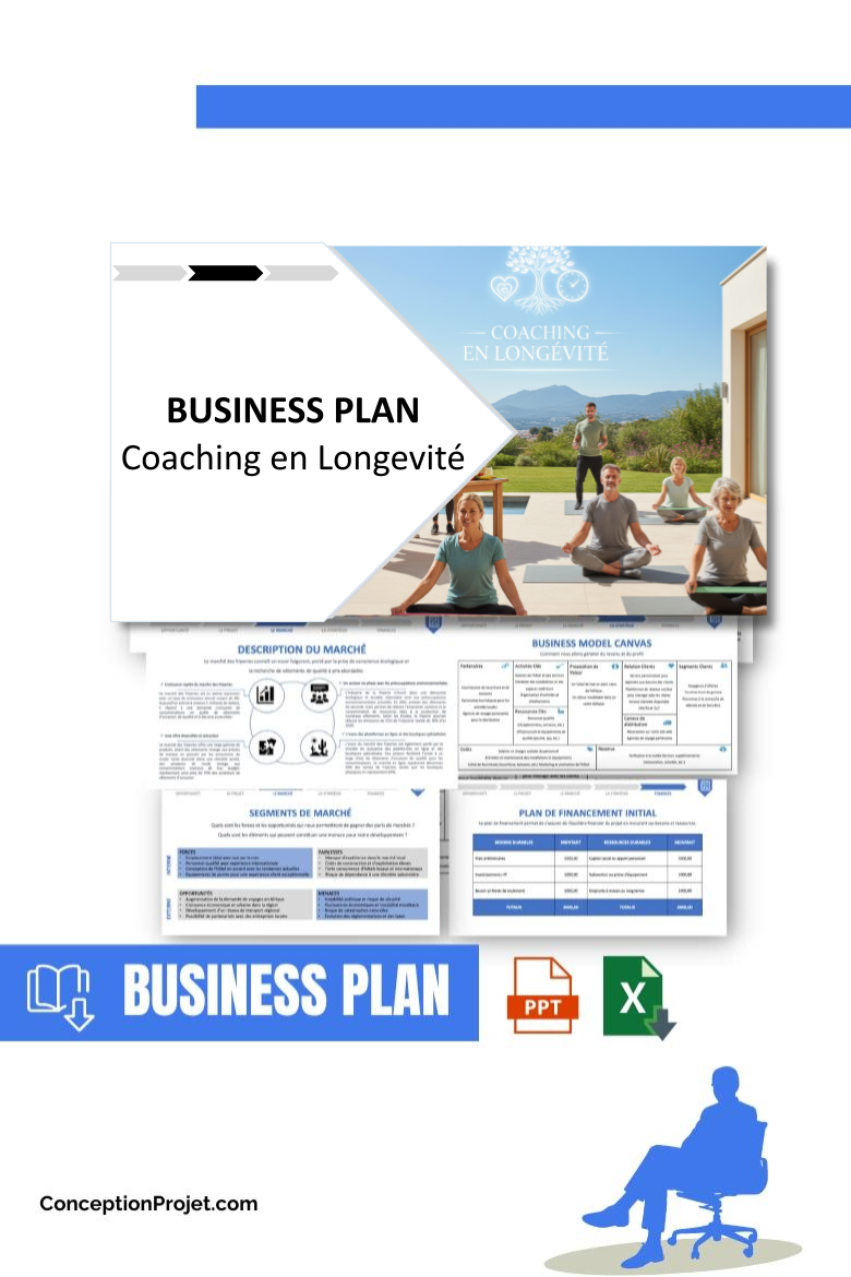 Pack Business Plan pour Coaching en Longevité - Modèle de business plan professionnel pour Coaching en Longevité, spécialement conçu pour les entrepreneurs, incluant un prévisionnel financier 100% automatisé, une stratégie marketing intégrée, ainsi qu’une analyse complète (SWOT, Business Model Canvas, étude de marché et analyse des risques). Ce document au design moderne et entièrement personnalisable sous Word est structuré pour répondre aux exigences des banques et des investisseurs, tout en permettant un gain de temps considérable grâce à son contenu pré-rédigé.