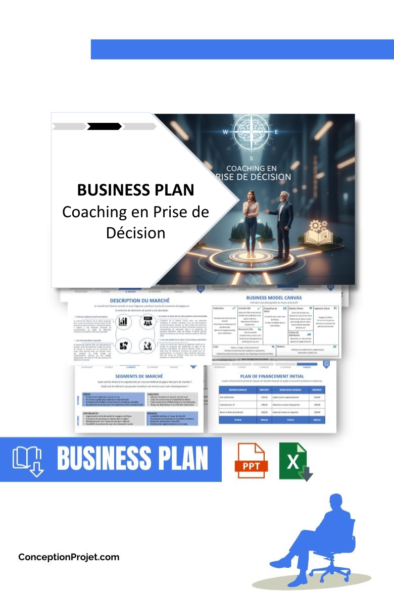 Pack Business Plan pour Coaching en Prise de Décision - Modèle de business plan professionnel pour Coaching en Prise de Décision, spécialement conçu pour les entrepreneurs, incluant un prévisionnel financier 100% automatisé, une stratégie marketing intégrée, ainsi qu’une analyse complète (SWOT, Business Model Canvas, étude de marché et analyse des risques). Ce document au design moderne et entièrement personnalisable sous Word est structuré pour répondre aux exigences des banques et des investisseurs, tout en permettant un gain de temps considérable grâce à son contenu pré-rédigé.