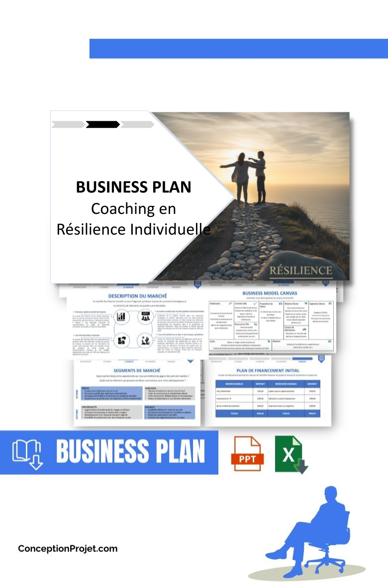 Pack Business Plan pour Coaching en Résilience Individuelle - Modèle de business plan professionnel pour Coaching en Résilience Individuelle, spécialement conçu pour les entrepreneurs, incluant un prévisionnel financier 100% automatisé, une stratégie marketing intégrée, ainsi qu’une analyse complète (SWOT, Business Model Canvas, étude de marché et analyse des risques). Ce document au design moderne et entièrement personnalisable sous Word est structuré pour répondre aux exigences des banques et des investisseurs, tout en permettant un gain de temps considérable grâce à son contenu pré-rédigé.