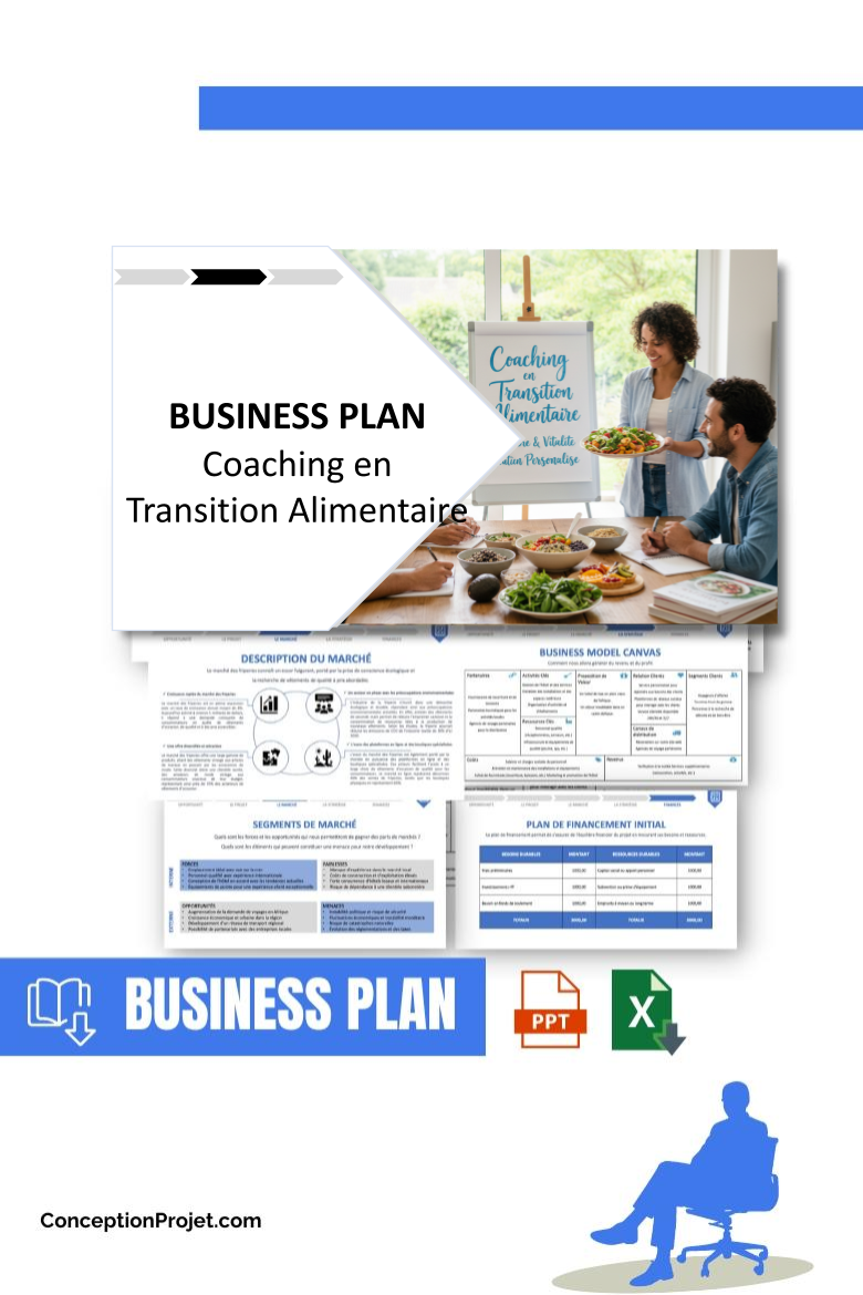 Pack Business Plan pour Coaching en Transition Alimentaire - Modèle de business plan professionnel pour Coaching en Transition Alimentaire, spécialement conçu pour les entrepreneurs, incluant un prévisionnel financier 100% automatisé, une stratégie marketing intégrée, ainsi qu’une analyse complète (SWOT, Business Model Canvas, étude de marché et analyse des risques). Ce document au design moderne et entièrement personnalisable sous Word est structuré pour répondre aux exigences des banques et des investisseurs, tout en permettant un gain de temps considérable grâce à son contenu pré-rédigé.