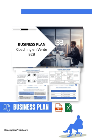 Pack Business Plan pour Coaching en Vente B2B - Modèle de business plan professionnel pour Coaching en Vente B2B, spécialement conçu pour les entrepreneurs, incluant un prévisionnel financier 100% automatisé, une stratégie marketing intégrée, ainsi qu’une analyse complète (SWOT, Business Model Canvas, étude de marché et analyse des risques). Ce document au design moderne et entièrement personnalisable sous Word est structuré pour répondre aux exigences des banques et des investisseurs, tout en permettant un gain de temps considérable grâce à son contenu pré-rédigé.