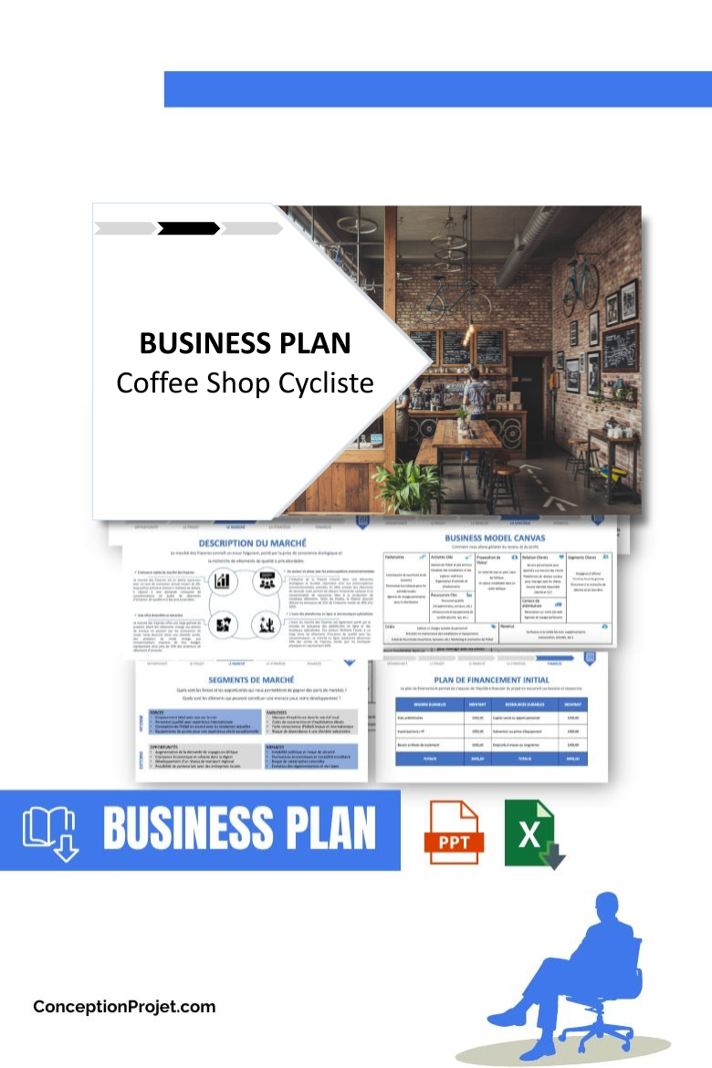 Pack Business Plan pour Coffee Shop Cycliste - Modèle de business plan professionnel pour Coffee Shop Cycliste, spécialement conçu pour les entrepreneurs, incluant un prévisionnel financier 100% automatisé, une stratégie marketing intégrée, ainsi qu’une analyse complète (SWOT, Business Model Canvas, étude de marché et analyse des risques). Ce document au design moderne et entièrement personnalisable sous Word est structuré pour répondre aux exigences des banques et des investisseurs, tout en permettant un gain de temps considérable grâce à son contenu pré-rédigé.