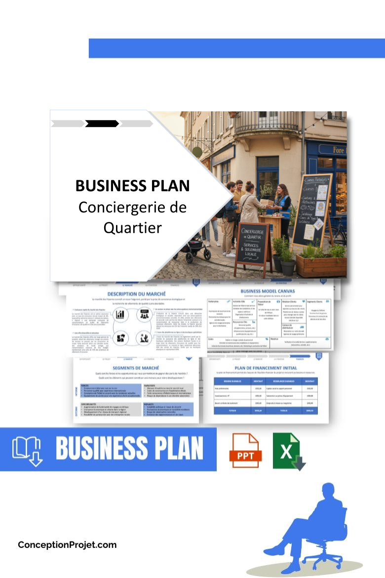Pack Business Plan pour Conciergerie de Quartier - Modèle de business plan professionnel pour Conciergerie de Quartier, spécialement conçu pour les entrepreneurs, incluant un prévisionnel financier 100% automatisé, une stratégie marketing intégrée, ainsi qu’une analyse complète (SWOT, Business Model Canvas, étude de marché et analyse des risques). Ce document au design moderne et entièrement personnalisable sous Word est structuré pour répondre aux exigences des banques et des investisseurs, tout en permettant un gain de temps considérable grâce à son contenu pré-rédigé.