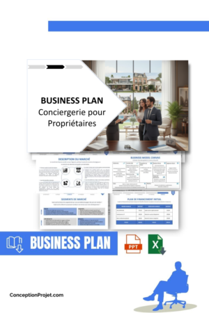 Pack Business Plan pour Conciergerie pour Propriétaires - Modèle de business plan professionnel pour Conciergerie pour Propriétaires, spécialement conçu pour les entrepreneurs, incluant un prévisionnel financier 100% automatisé, une stratégie marketing intégrée, ainsi qu’une analyse complète (SWOT, Business Model Canvas, étude de marché et analyse des risques). Ce document au design moderne et entièrement personnalisable sous Word est structuré pour répondre aux exigences des banques et des investisseurs, tout en permettant un gain de temps considérable grâce à son contenu pré-rédigé.