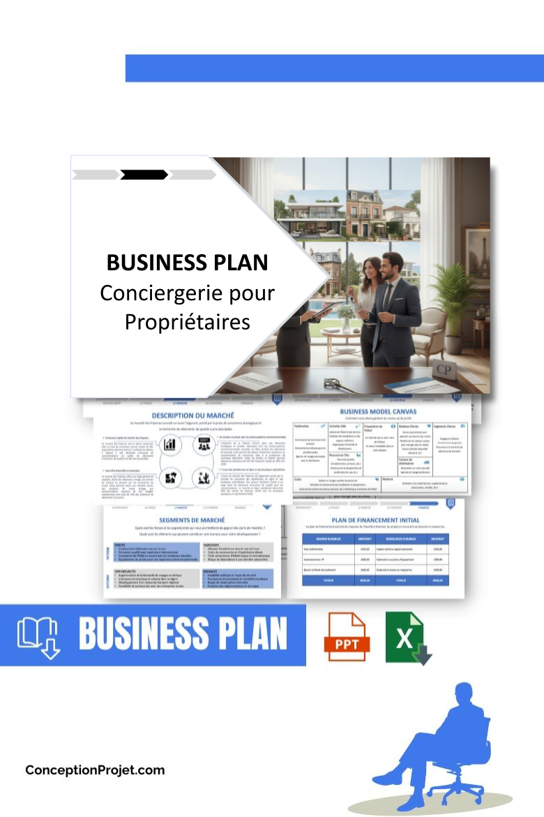 Pack Business Plan pour Conciergerie pour Propriétaires - Modèle de business plan professionnel pour Conciergerie pour Propriétaires, spécialement conçu pour les entrepreneurs, incluant un prévisionnel financier 100% automatisé, une stratégie marketing intégrée, ainsi qu’une analyse complète (SWOT, Business Model Canvas, étude de marché et analyse des risques). Ce document au design moderne et entièrement personnalisable sous Word est structuré pour répondre aux exigences des banques et des investisseurs, tout en permettant un gain de temps considérable grâce à son contenu pré-rédigé.