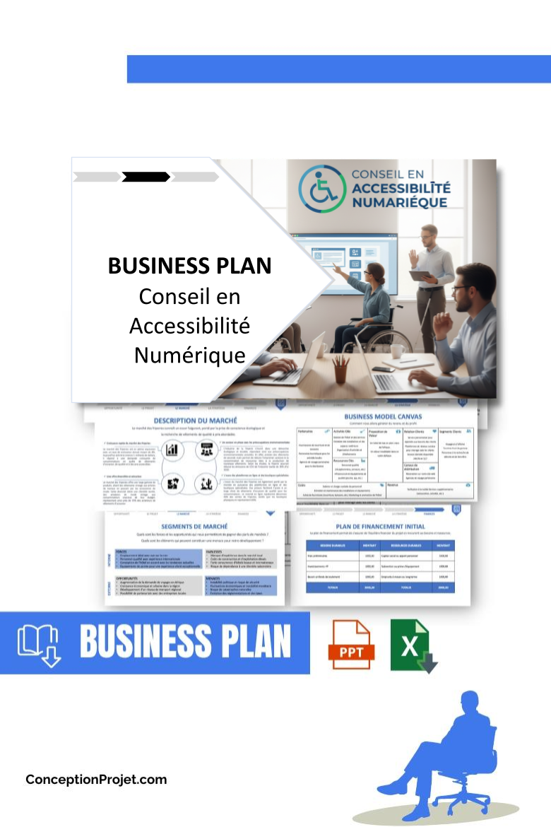 Pack Business Plan pour Conseil en Accessibilité Numérique - Modèle de business plan professionnel pour Conseil en Accessibilité Numérique, spécialement conçu pour les entrepreneurs, incluant un prévisionnel financier 100% automatisé, une stratégie marketing intégrée, ainsi qu’une analyse complète (SWOT, Business Model Canvas, étude de marché et analyse des risques). Ce document au design moderne et entièrement personnalisable sous Word est structuré pour répondre aux exigences des banques et des investisseurs, tout en permettant un gain de temps considérable grâce à son contenu pré-rédigé.