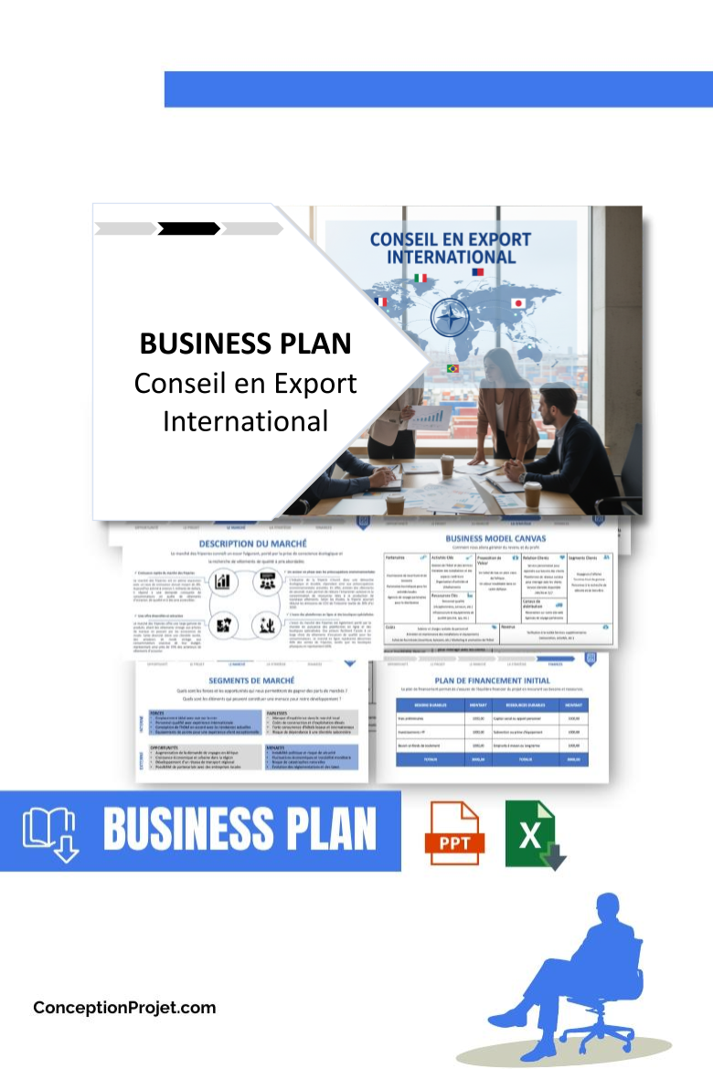 Pack Business Plan pour Conseil en Export International - Modèle de business plan professionnel pour Conseil en Export International, spécialement conçu pour les entrepreneurs, incluant un prévisionnel financier 100% automatisé, une stratégie marketing intégrée, ainsi qu’une analyse complète (SWOT, Business Model Canvas, étude de marché et analyse des risques). Ce document au design moderne et entièrement personnalisable sous Word est structuré pour répondre aux exigences des banques et des investisseurs, tout en permettant un gain de temps considérable grâce à son contenu pré-rédigé.