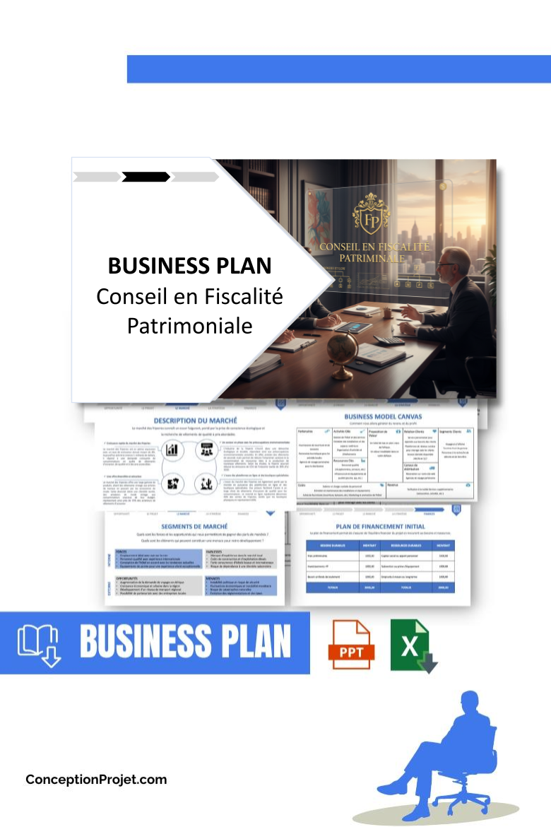 Pack Business Plan pour Conseil en Fiscalité Patrimoniale - Modèle de business plan professionnel pour Conseil en Fiscalité Patrimoniale, spécialement conçu pour les entrepreneurs, incluant un prévisionnel financier 100% automatisé, une stratégie marketing intégrée, ainsi qu’une analyse complète (SWOT, Business Model Canvas, étude de marché et analyse des risques). Ce document au design moderne et entièrement personnalisable sous Word est structuré pour répondre aux exigences des banques et des investisseurs, tout en permettant un gain de temps considérable grâce à son contenu pré-rédigé.