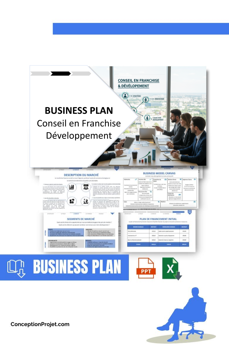 Pack Business Plan pour Conseil en Franchise Développement - Modèle de business plan professionnel pour Conseil en Franchise Développement, spécialement conçu pour les entrepreneurs, incluant un prévisionnel financier 100% automatisé, une stratégie marketing intégrée, ainsi qu’une analyse complète (SWOT, Business Model Canvas, étude de marché et analyse des risques). Ce document au design moderne et entièrement personnalisable sous Word est structuré pour répondre aux exigences des banques et des investisseurs, tout en permettant un gain de temps considérable grâce à son contenu pré-rédigé.