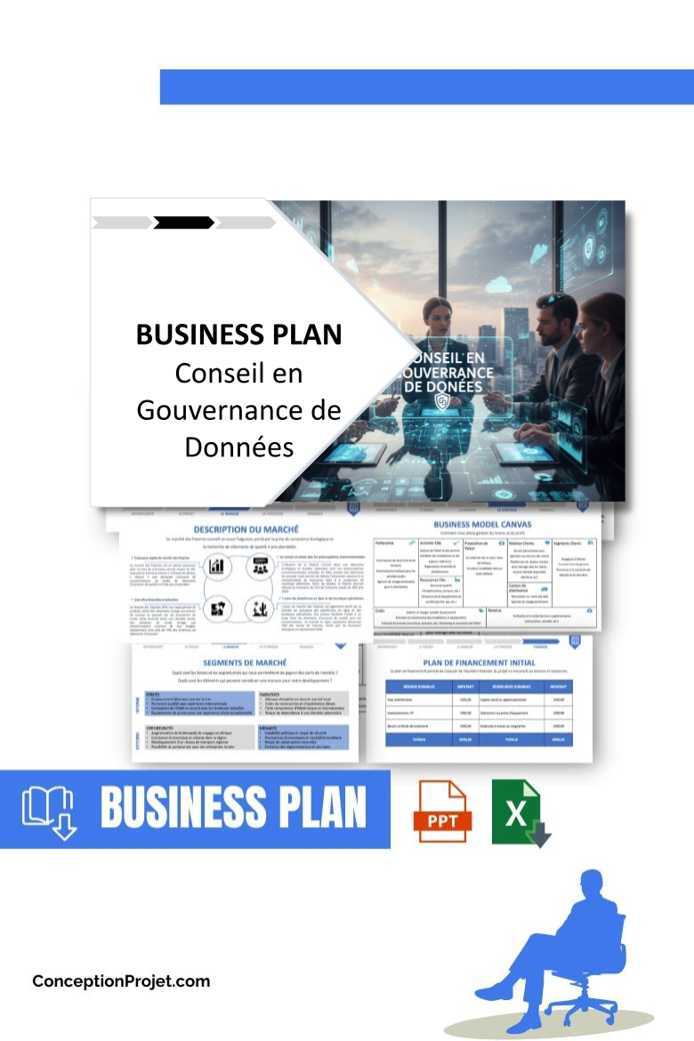 Pack Business Plan pour Conseil en Gouvernance de Données - Modèle de business plan professionnel pour Conseil en Gouvernance de Données, spécialement conçu pour les entrepreneurs, incluant un prévisionnel financier 100% automatisé, une stratégie marketing intégrée, ainsi qu’une analyse complète (SWOT, Business Model Canvas, étude de marché et analyse des risques). Ce document au design moderne et entièrement personnalisable sous Word est structuré pour répondre aux exigences des banques et des investisseurs, tout en permettant un gain de temps considérable grâce à son contenu pré-rédigé.