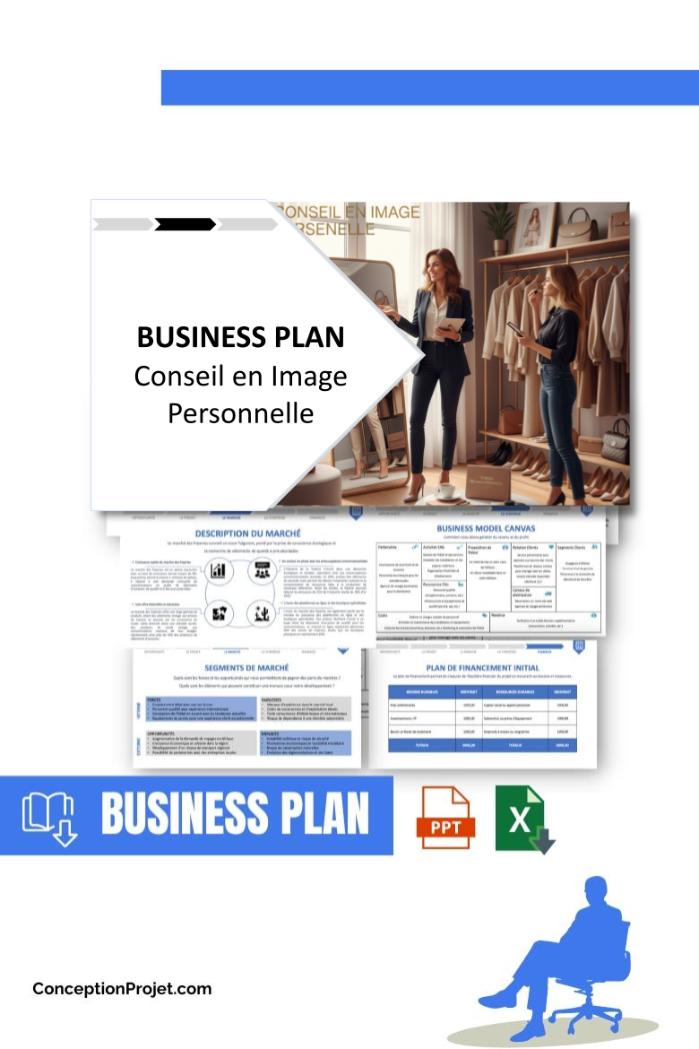 Pack Business Plan pour Conseil en Image Personnelle - Modèle de business plan professionnel pour Conseil en Image Personnelle, spécialement conçu pour les entrepreneurs, incluant un prévisionnel financier 100% automatisé, une stratégie marketing intégrée, ainsi qu’une analyse complète (SWOT, Business Model Canvas, étude de marché et analyse des risques). Ce document au design moderne et entièrement personnalisable sous Word est structuré pour répondre aux exigences des banques et des investisseurs, tout en permettant un gain de temps considérable grâce à son contenu pré-rédigé.