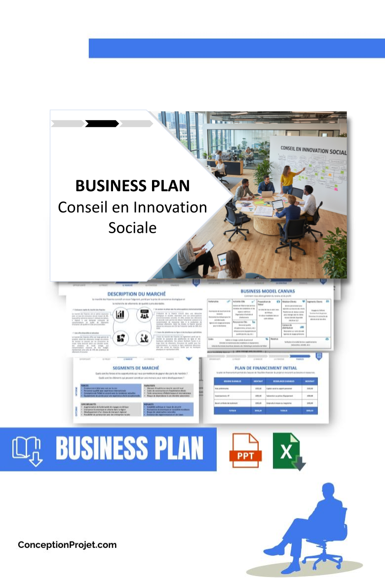 Pack Business Plan pour Conseil en Innovation Sociale - Modèle de business plan professionnel pour Conseil en Innovation Sociale, spécialement conçu pour les entrepreneurs, incluant un prévisionnel financier 100% automatisé, une stratégie marketing intégrée, ainsi qu’une analyse complète (SWOT, Business Model Canvas, étude de marché et analyse des risques). Ce document au design moderne et entièrement personnalisable sous Word est structuré pour répondre aux exigences des banques et des investisseurs, tout en permettant un gain de temps considérable grâce à son contenu pré-rédigé.