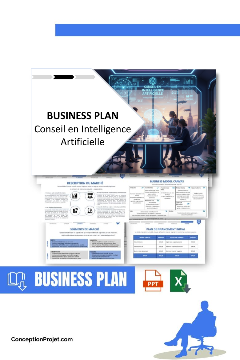 Pack Business Plan Conseil en Intelligence Artificielle 2026 1 Pack Business Plan pour Conseil en Intelligence Artificielle - Modèle de business plan professionnel pour Conseil en Intelligence Artificielle, spécialement conçu pour les entrepreneurs, incluant un prévisionnel financier 100% automatisé, une stratégie marketing intégrée, ainsi qu’une analyse complète (SWOT, Business Model Canvas, étude de marché et analyse des risques). Ce document au design moderne et entièrement personnalisable sous Word est structuré pour répondre aux exigences des banques et des investisseurs, tout en permettant un gain de temps considérable grâce à son contenu pré-rédigé.