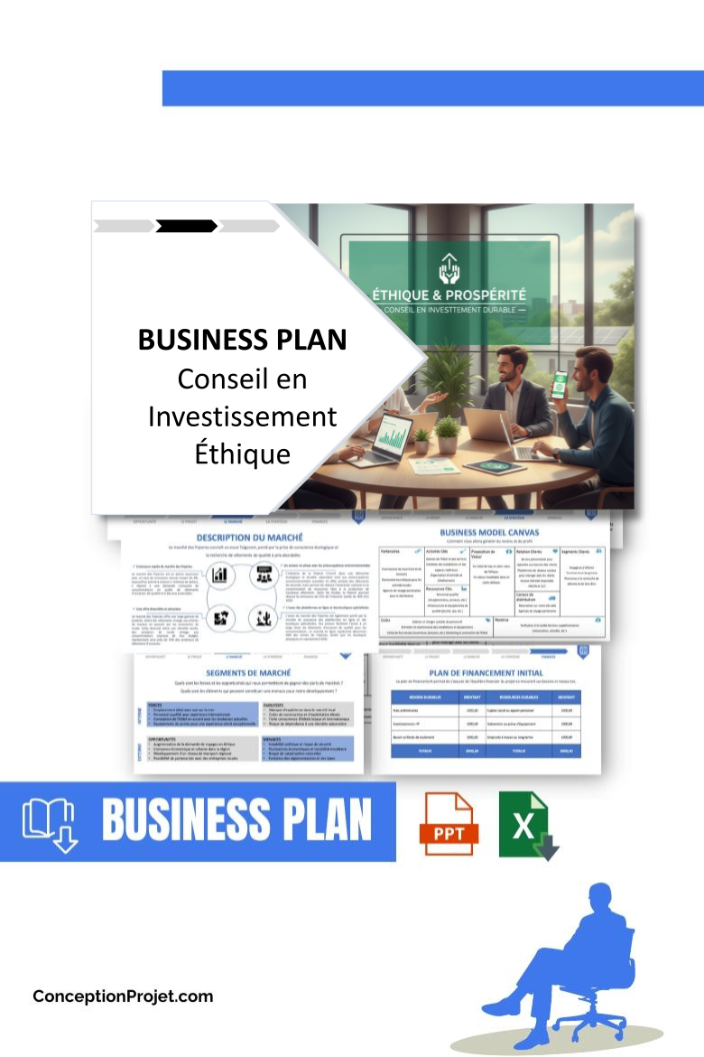 Pack Business Plan pour Conseil en Investissement Éthique - Modèle de business plan professionnel pour Conseil en Investissement Éthique, spécialement conçu pour les entrepreneurs, incluant un prévisionnel financier 100% automatisé, une stratégie marketing intégrée, ainsi qu’une analyse complète (SWOT, Business Model Canvas, étude de marché et analyse des risques). Ce document au design moderne et entièrement personnalisable sous Word est structuré pour répondre aux exigences des banques et des investisseurs, tout en permettant un gain de temps considérable grâce à son contenu pré-rédigé.