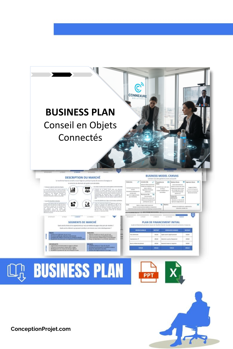 Pack Business Plan pour Conseil en Objets Connectés - Modèle de business plan professionnel pour Conseil en Objets Connectés, spécialement conçu pour les entrepreneurs, incluant un prévisionnel financier 100% automatisé, une stratégie marketing intégrée, ainsi qu’une analyse complète (SWOT, Business Model Canvas, étude de marché et analyse des risques). Ce document au design moderne et entièrement personnalisable sous Word est structuré pour répondre aux exigences des banques et des investisseurs, tout en permettant un gain de temps considérable grâce à son contenu pré-rédigé.