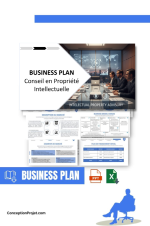 Pack Business Plan pour Conseil en Propriété Intellectuelle - Modèle de business plan professionnel pour Conseil en Propriété Intellectuelle, spécialement conçu pour les entrepreneurs, incluant un prévisionnel financier 100% automatisé, une stratégie marketing intégrée, ainsi qu’une analyse complète (SWOT, Business Model Canvas, étude de marché et analyse des risques). Ce document au design moderne et entièrement personnalisable sous Word est structuré pour répondre aux exigences des banques et des investisseurs, tout en permettant un gain de temps considérable grâce à son contenu pré-rédigé.