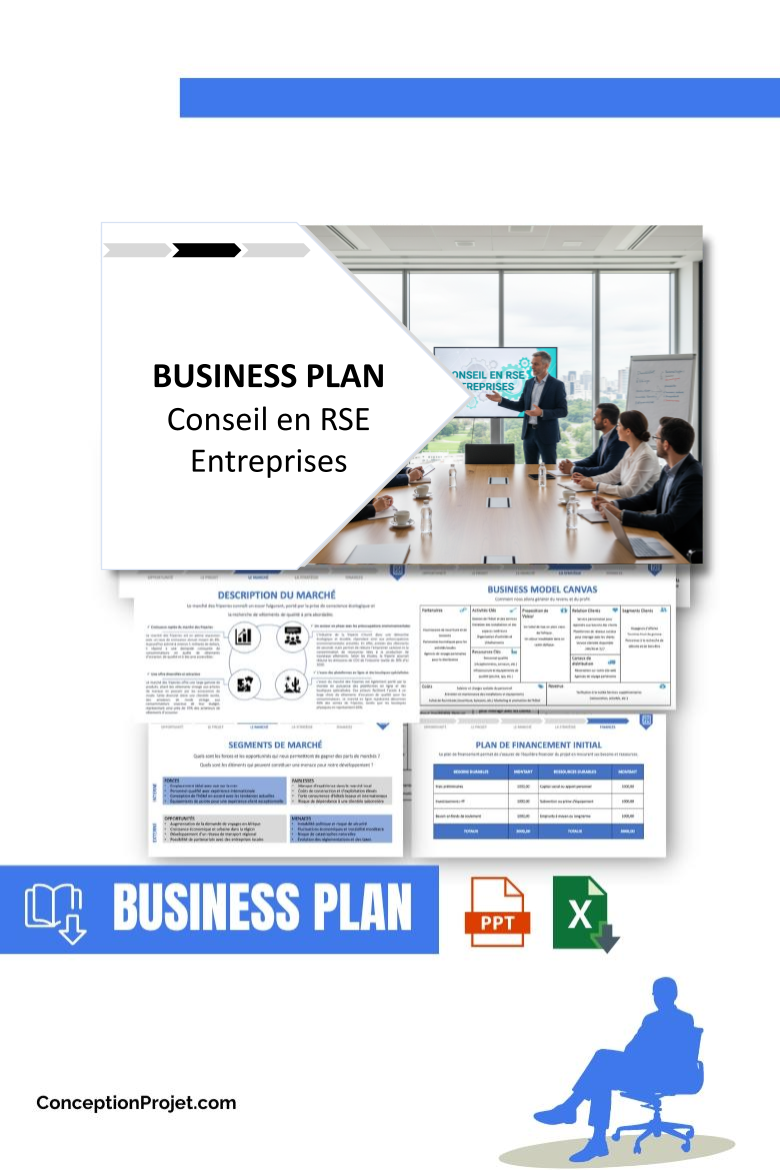 Pack Business Plan pour Conseil en RSE Entreprises - Modèle de business plan professionnel pour Conseil en RSE Entreprises, spécialement conçu pour les entrepreneurs, incluant un prévisionnel financier 100% automatisé, une stratégie marketing intégrée, ainsi qu’une analyse complète (SWOT, Business Model Canvas, étude de marché et analyse des risques). Ce document au design moderne et entièrement personnalisable sous Word est structuré pour répondre aux exigences des banques et des investisseurs, tout en permettant un gain de temps considérable grâce à son contenu pré-rédigé.