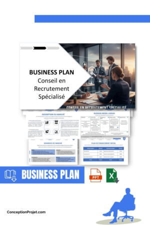 Pack Business Plan pour Conseil en Recrutement Spécialisé - Modèle de business plan professionnel pour Conseil en Recrutement Spécialisé, spécialement conçu pour les entrepreneurs, incluant un prévisionnel financier 100% automatisé, une stratégie marketing intégrée, ainsi qu’une analyse complète (SWOT, Business Model Canvas, étude de marché et analyse des risques). Ce document au design moderne et entièrement personnalisable sous Word est structuré pour répondre aux exigences des banques et des investisseurs, tout en permettant un gain de temps considérable grâce à son contenu pré-rédigé.