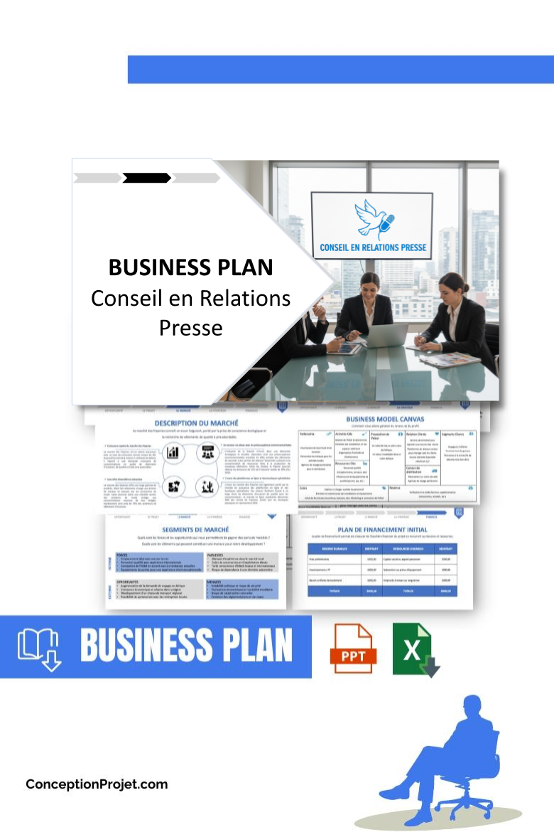 Pack Business Plan pour Conseil en Relations Presse - Modèle de business plan professionnel pour Conseil en Relations Presse, spécialement conçu pour les entrepreneurs, incluant un prévisionnel financier 100% automatisé, une stratégie marketing intégrée, ainsi qu’une analyse complète (SWOT, Business Model Canvas, étude de marché et analyse des risques). Ce document au design moderne et entièrement personnalisable sous Word est structuré pour répondre aux exigences des banques et des investisseurs, tout en permettant un gain de temps considérable grâce à son contenu pré-rédigé.