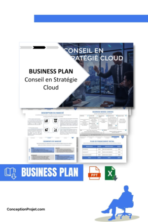 Pack Business Plan pour Conseil en Stratégie Cloud - Modèle de business plan professionnel pour Conseil en Stratégie Cloud, spécialement conçu pour les entrepreneurs, incluant un prévisionnel financier 100% automatisé, une stratégie marketing intégrée, ainsi qu’une analyse complète (SWOT, Business Model Canvas, étude de marché et analyse des risques). Ce document au design moderne et entièrement personnalisable sous Word est structuré pour répondre aux exigences des banques et des investisseurs, tout en permettant un gain de temps considérable grâce à son contenu pré-rédigé.