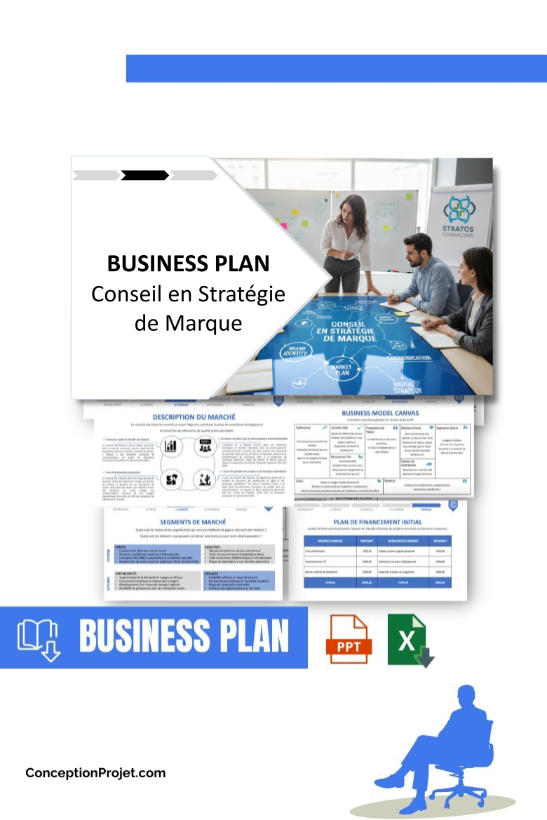 Pack Business Plan pour Conseil en Stratégie de Marque - Modèle de business plan professionnel pour Conseil en Stratégie de Marque, spécialement conçu pour les entrepreneurs, incluant un prévisionnel financier 100% automatisé, une stratégie marketing intégrée, ainsi qu’une analyse complète (SWOT, Business Model Canvas, étude de marché et analyse des risques). Ce document au design moderne et entièrement personnalisable sous Word est structuré pour répondre aux exigences des banques et des investisseurs, tout en permettant un gain de temps considérable grâce à son contenu pré-rédigé.