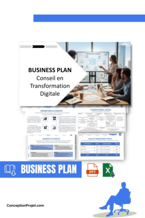 Pack Business Plan pour Conseil en Transformation Digitale - Modèle de business plan professionnel pour Conseil en Transformation Digitale, spécialement conçu pour les entrepreneurs, incluant un prévisionnel financier 100% automatisé, une stratégie marketing intégrée, ainsi qu’une analyse complète (SWOT, Business Model Canvas, étude de marché et analyse des risques). Ce document au design moderne et entièrement personnalisable sous Word est structuré pour répondre aux exigences des banques et des investisseurs, tout en permettant un gain de temps considérable grâce à son contenu pré-rédigé.