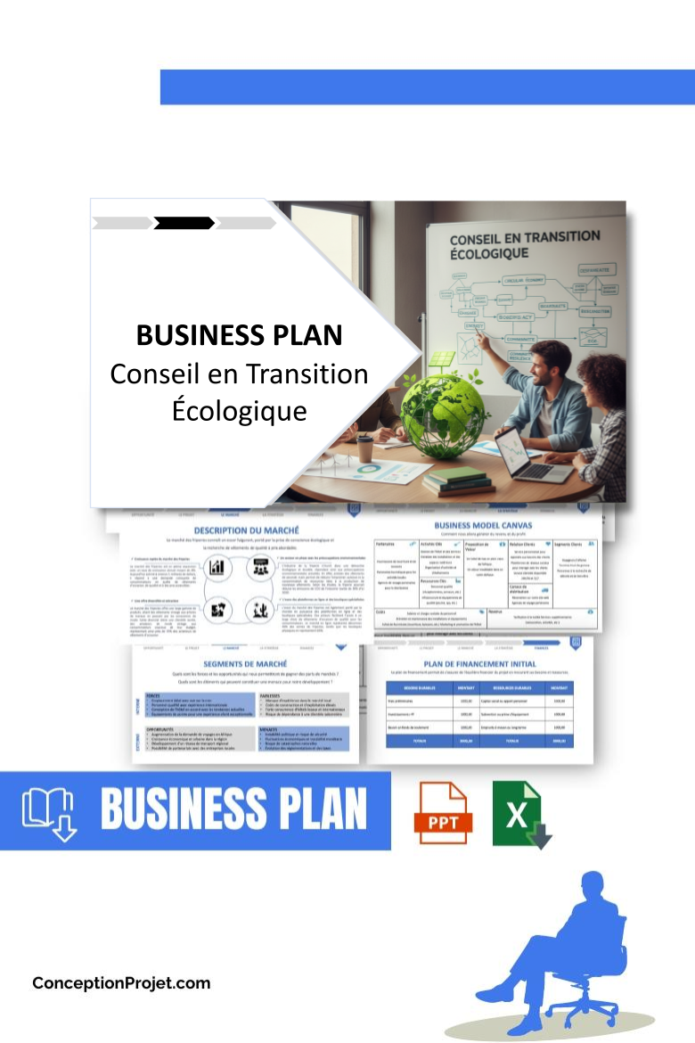 Pack Business Plan pour Conseil en Transition Écologique - Modèle de business plan professionnel pour Conseil en Transition Écologique, spécialement conçu pour les entrepreneurs, incluant un prévisionnel financier 100% automatisé, une stratégie marketing intégrée, ainsi qu’une analyse complète (SWOT, Business Model Canvas, étude de marché et analyse des risques). Ce document au design moderne et entièrement personnalisable sous Word est structuré pour répondre aux exigences des banques et des investisseurs, tout en permettant un gain de temps considérable grâce à son contenu pré-rédigé.