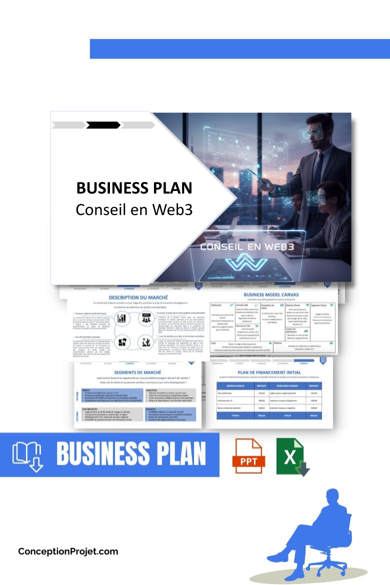 Pack Business Plan pour Conseil en Web3 - Modèle de business plan professionnel pour Conseil en Web3, spécialement conçu pour les entrepreneurs, incluant un prévisionnel financier 100% automatisé, une stratégie marketing intégrée, ainsi qu’une analyse complète (SWOT, Business Model Canvas, étude de marché et analyse des risques). Ce document au design moderne et entièrement personnalisable sous Word est structuré pour répondre aux exigences des banques et des investisseurs, tout en permettant un gain de temps considérable grâce à son contenu pré-rédigé.