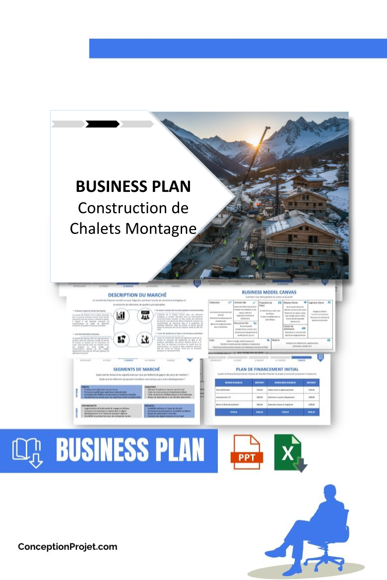 Pack Business Plan pour Construction de Chalets Montagne - Modèle de business plan professionnel pour Construction de Chalets Montagne, spécialement conçu pour les entrepreneurs, incluant un prévisionnel financier 100% automatisé, une stratégie marketing intégrée, ainsi qu’une analyse complète (SWOT, Business Model Canvas, étude de marché et analyse des risques). Ce document au design moderne et entièrement personnalisable sous Word est structuré pour répondre aux exigences des banques et des investisseurs, tout en permettant un gain de temps considérable grâce à son contenu pré-rédigé.