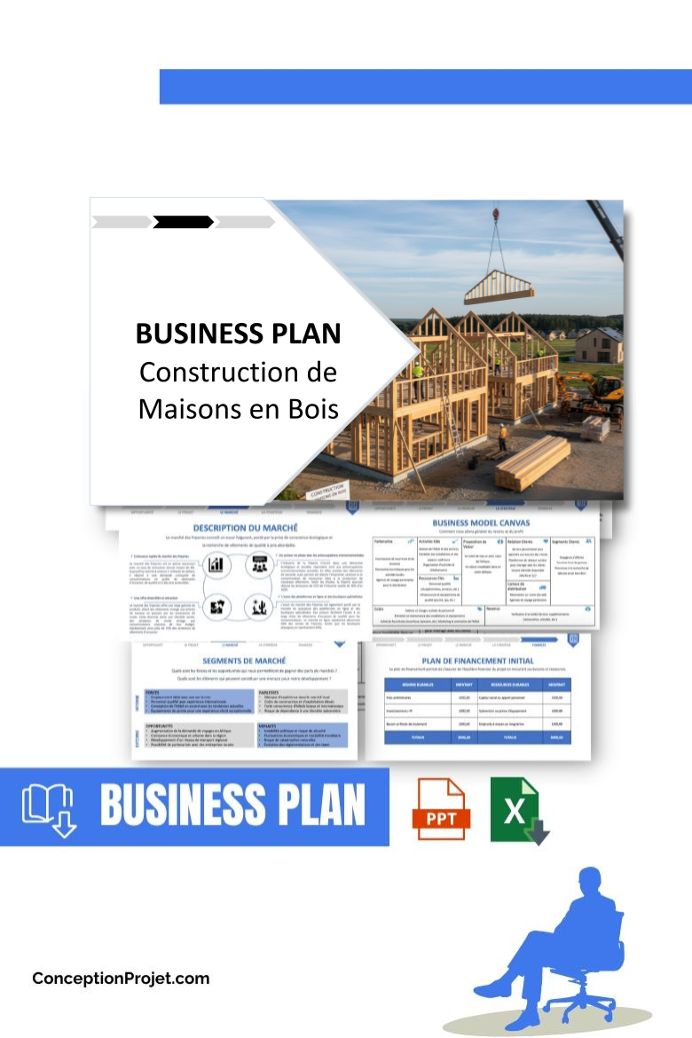 Pack Business Plan pour Construction de Maisons en Bois - Modèle de business plan professionnel pour Construction de Maisons en Bois, spécialement conçu pour les entrepreneurs, incluant un prévisionnel financier 100% automatisé, une stratégie marketing intégrée, ainsi qu’une analyse complète (SWOT, Business Model Canvas, étude de marché et analyse des risques). Ce document au design moderne et entièrement personnalisable sous Word est structuré pour répondre aux exigences des banques et des investisseurs, tout en permettant un gain de temps considérable grâce à son contenu pré-rédigé.