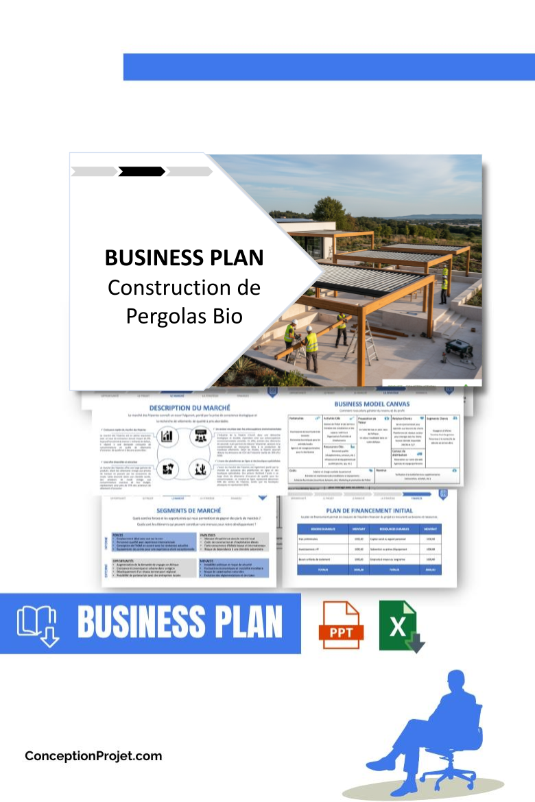 Pack Business Plan pour Construction de Pergolas Bio - Modèle de business plan professionnel pour Construction de Pergolas Bio, spécialement conçu pour les entrepreneurs, incluant un prévisionnel financier 100% automatisé, une stratégie marketing intégrée, ainsi qu’une analyse complète (SWOT, Business Model Canvas, étude de marché et analyse des risques). Ce document au design moderne et entièrement personnalisable sous Word est structuré pour répondre aux exigences des banques et des investisseurs, tout en permettant un gain de temps considérable grâce à son contenu pré-rédigé.