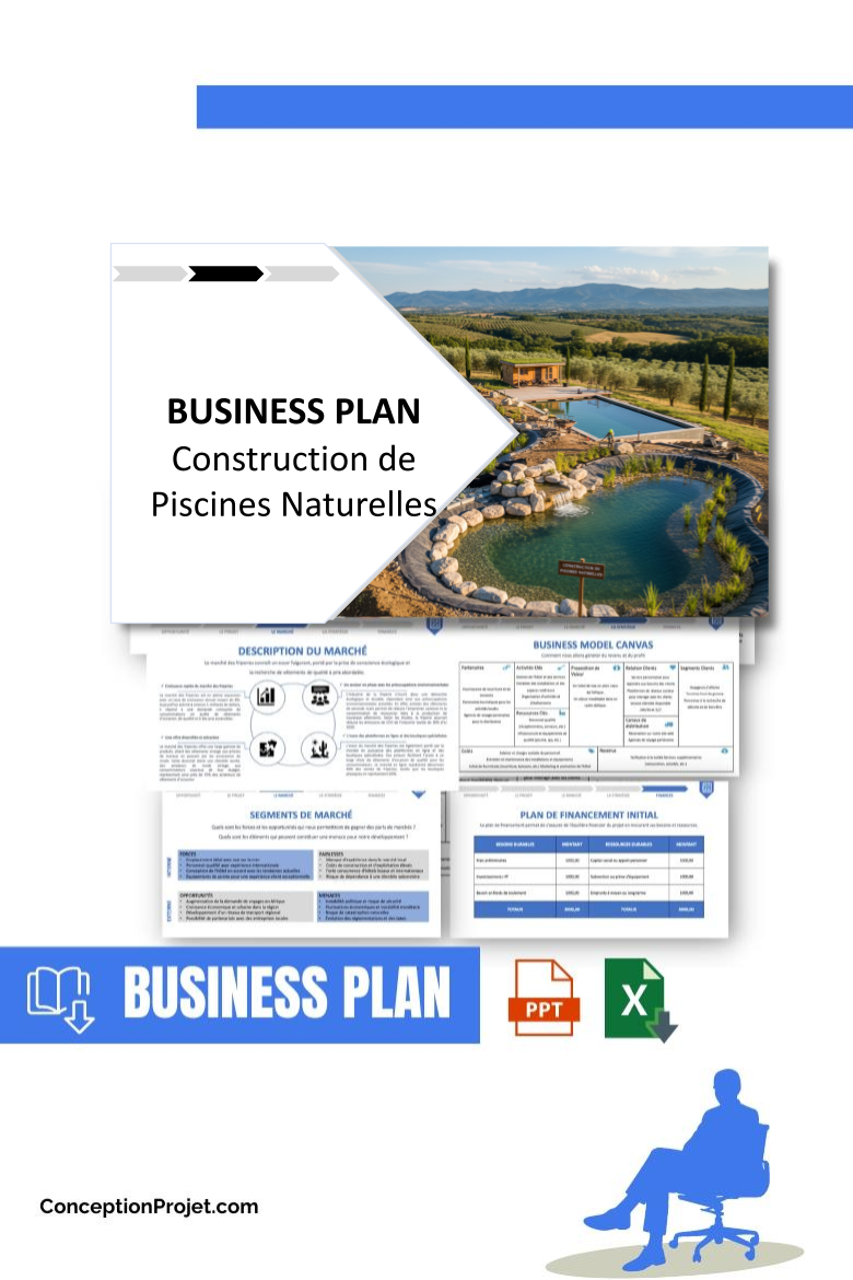 Pack Business Plan pour Construction de Piscines Naturelles - Modèle de business plan professionnel pour Construction de Piscines Naturelles, spécialement conçu pour les entrepreneurs, incluant un prévisionnel financier 100% automatisé, une stratégie marketing intégrée, ainsi qu’une analyse complète (SWOT, Business Model Canvas, étude de marché et analyse des risques). Ce document au design moderne et entièrement personnalisable sous Word est structuré pour répondre aux exigences des banques et des investisseurs, tout en permettant un gain de temps considérable grâce à son contenu pré-rédigé.