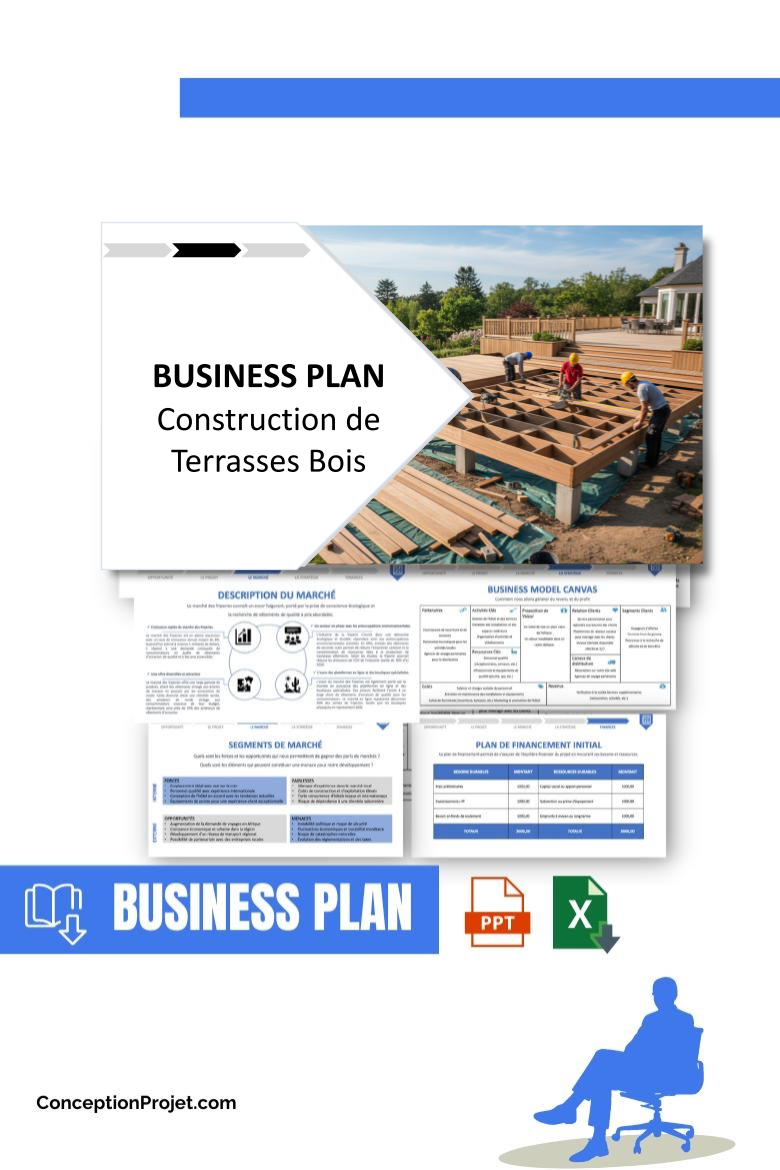 Pack Business Plan pour Construction de Terrasses Bois - Modèle de business plan professionnel pour Construction de Terrasses Bois, spécialement conçu pour les entrepreneurs, incluant un prévisionnel financier 100% automatisé, une stratégie marketing intégrée, ainsi qu’une analyse complète (SWOT, Business Model Canvas, étude de marché et analyse des risques). Ce document au design moderne et entièrement personnalisable sous Word est structuré pour répondre aux exigences des banques et des investisseurs, tout en permettant un gain de temps considérable grâce à son contenu pré-rédigé.