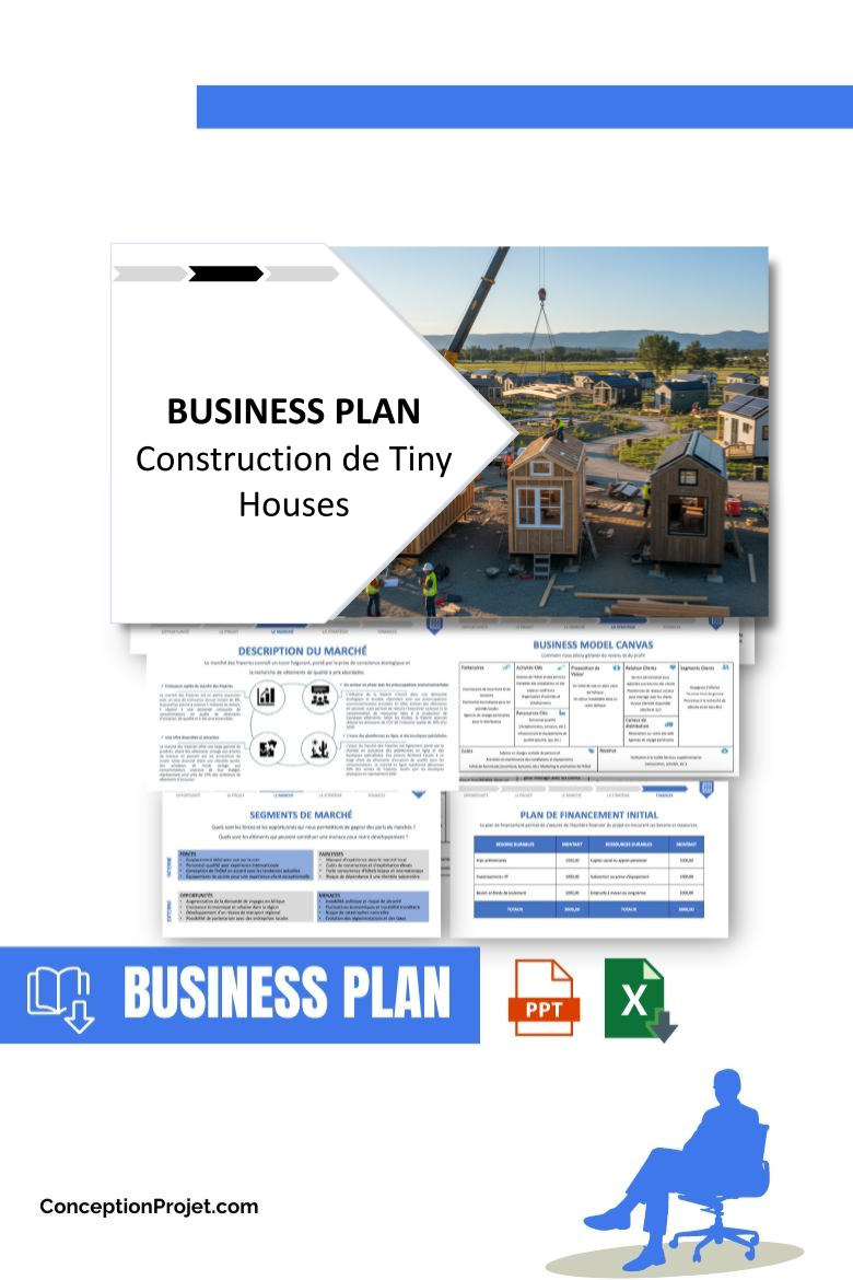 Pack Business Plan pour Construction de Tiny Houses - Modèle de business plan professionnel pour Construction de Tiny Houses, spécialement conçu pour les entrepreneurs, incluant un prévisionnel financier 100% automatisé, une stratégie marketing intégrée, ainsi qu’une analyse complète (SWOT, Business Model Canvas, étude de marché et analyse des risques). Ce document au design moderne et entièrement personnalisable sous Word est structuré pour répondre aux exigences des banques et des investisseurs, tout en permettant un gain de temps considérable grâce à son contenu pré-rédigé.