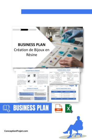 Pack Business Plan pour Création de Bijoux en Résine - Modèle de business plan professionnel pour Création de Bijoux en Résine, spécialement conçu pour les entrepreneurs, incluant un prévisionnel financier 100% automatisé, une stratégie marketing intégrée, ainsi qu’une analyse complète (SWOT, Business Model Canvas, étude de marché et analyse des risques). Ce document au design moderne et entièrement personnalisable sous Word est structuré pour répondre aux exigences des banques et des investisseurs, tout en permettant un gain de temps considérable grâce à son contenu pré-rédigé.